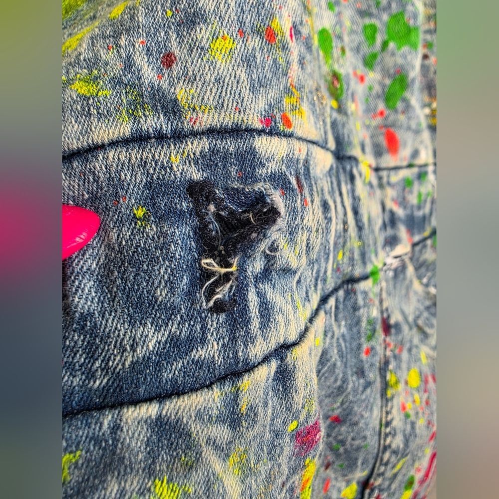 Aphrodite Acid Wash Denim Paint Splatter Open Frnt Long Jacket L Distress Hood - Picture 8 of 14